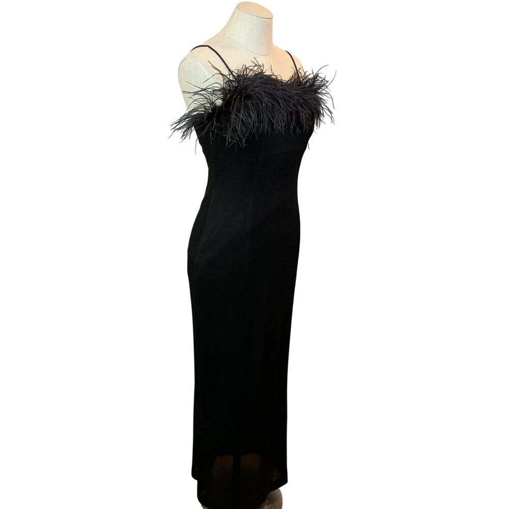 Alex Evenings Spaghetti Strap Feather Trim Evening Gown Womens 6P Black - Picture 7 of 10